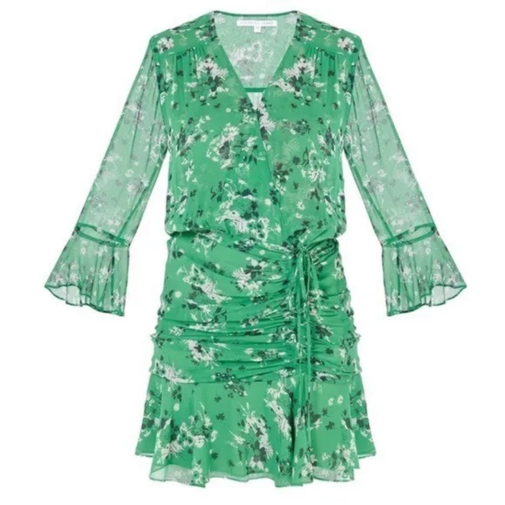 Veronica Beard Sean Floral-print Silk Dress Green Multi Ruched Bell Sleeves 8 - Picture 4 of 15